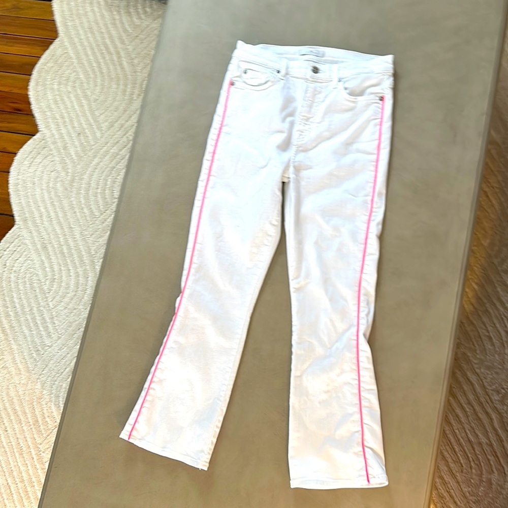 7 for all mankind white jeans with neon pink stripes